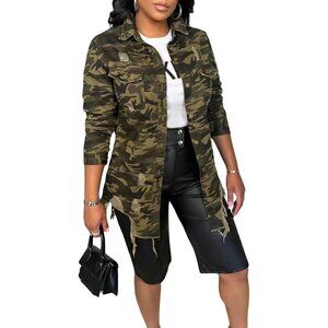 Casual Ripped Camo Jacket for Women Fall Camouflage Army Fatigue Green Jackets C